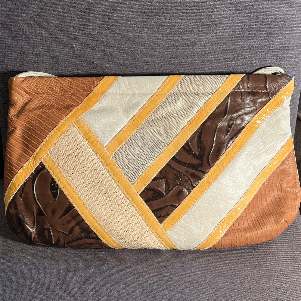 Vintage Fifth Avenue Elegant Patchwork Clutch in Brown, Cream, and Yellow